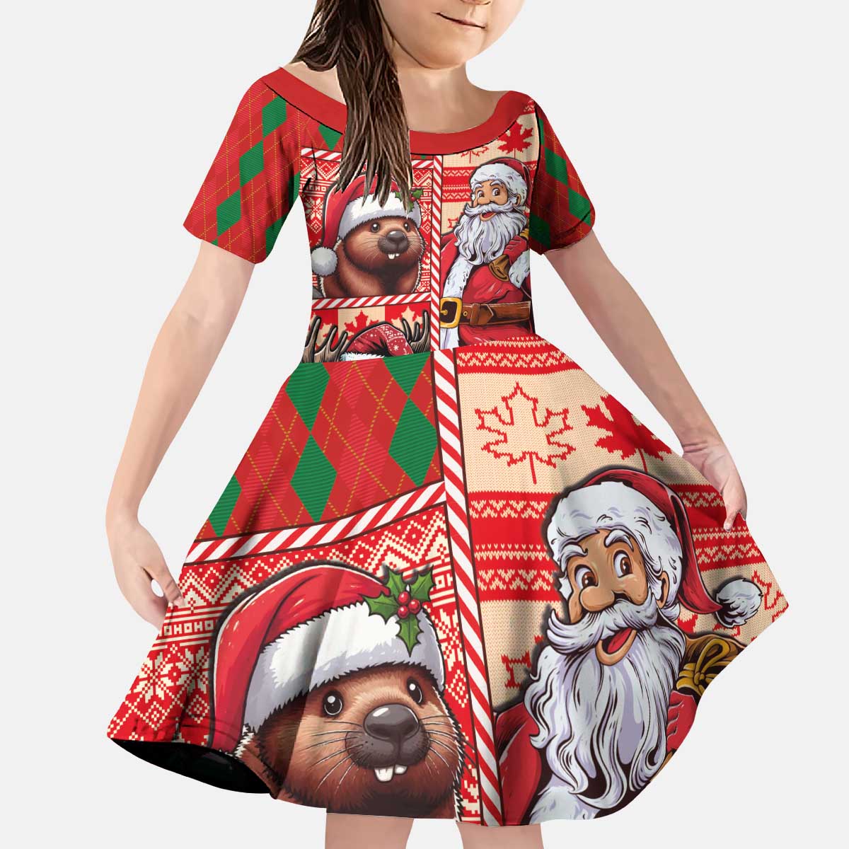 Canadian Christmas Kid Short Sleeve Dress Santa Hoho Holiday - A Beaver and Moose - Wonder Print Shop
