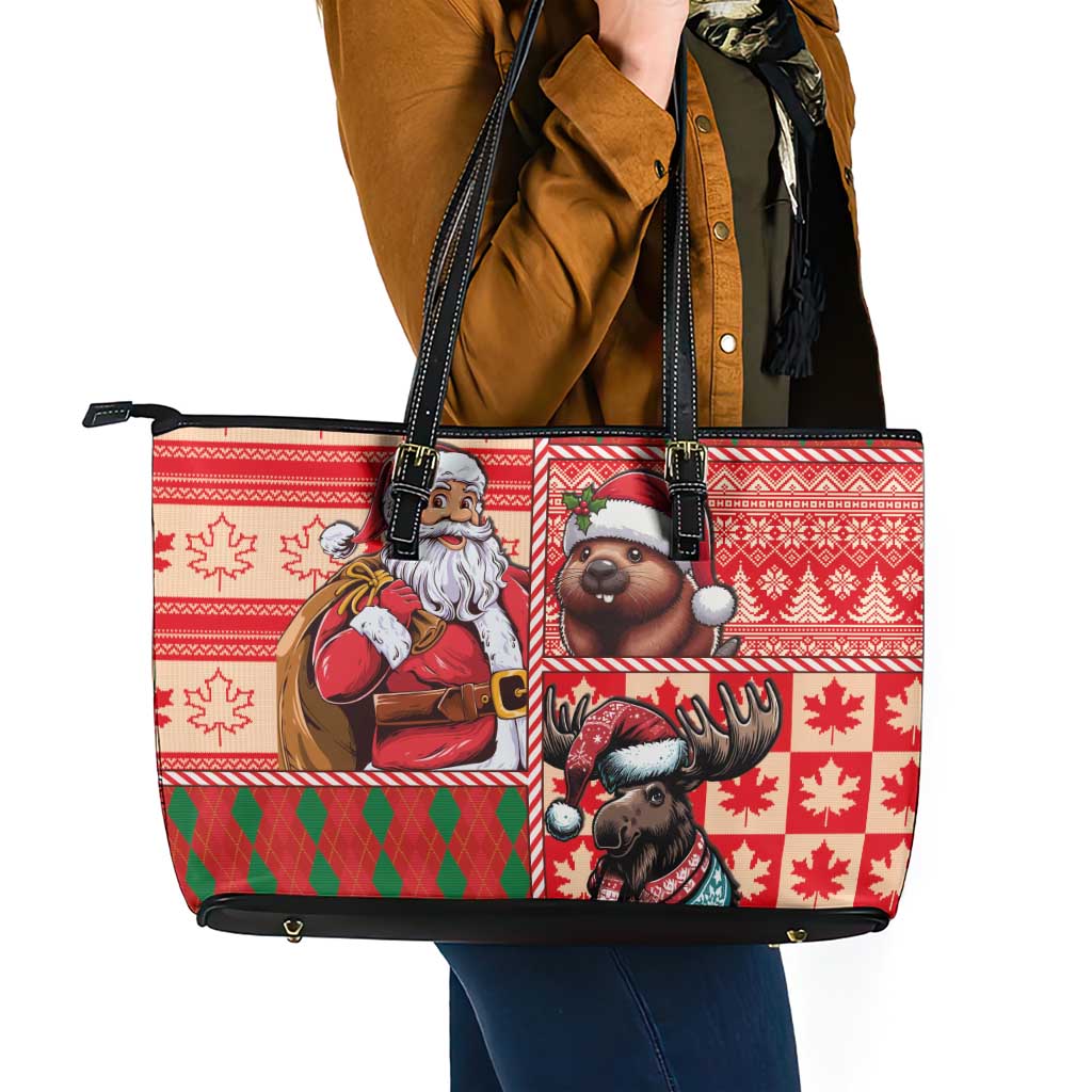 Canadian Christmas Leather Tote Bag Santa Hoho Holiday - A Beaver and Moose - Wonder Print Shop