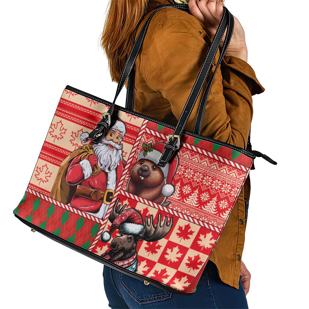 Canadian Christmas Leather Tote Bag Santa Hoho Holiday - A Beaver and Moose - Wonder Print Shop