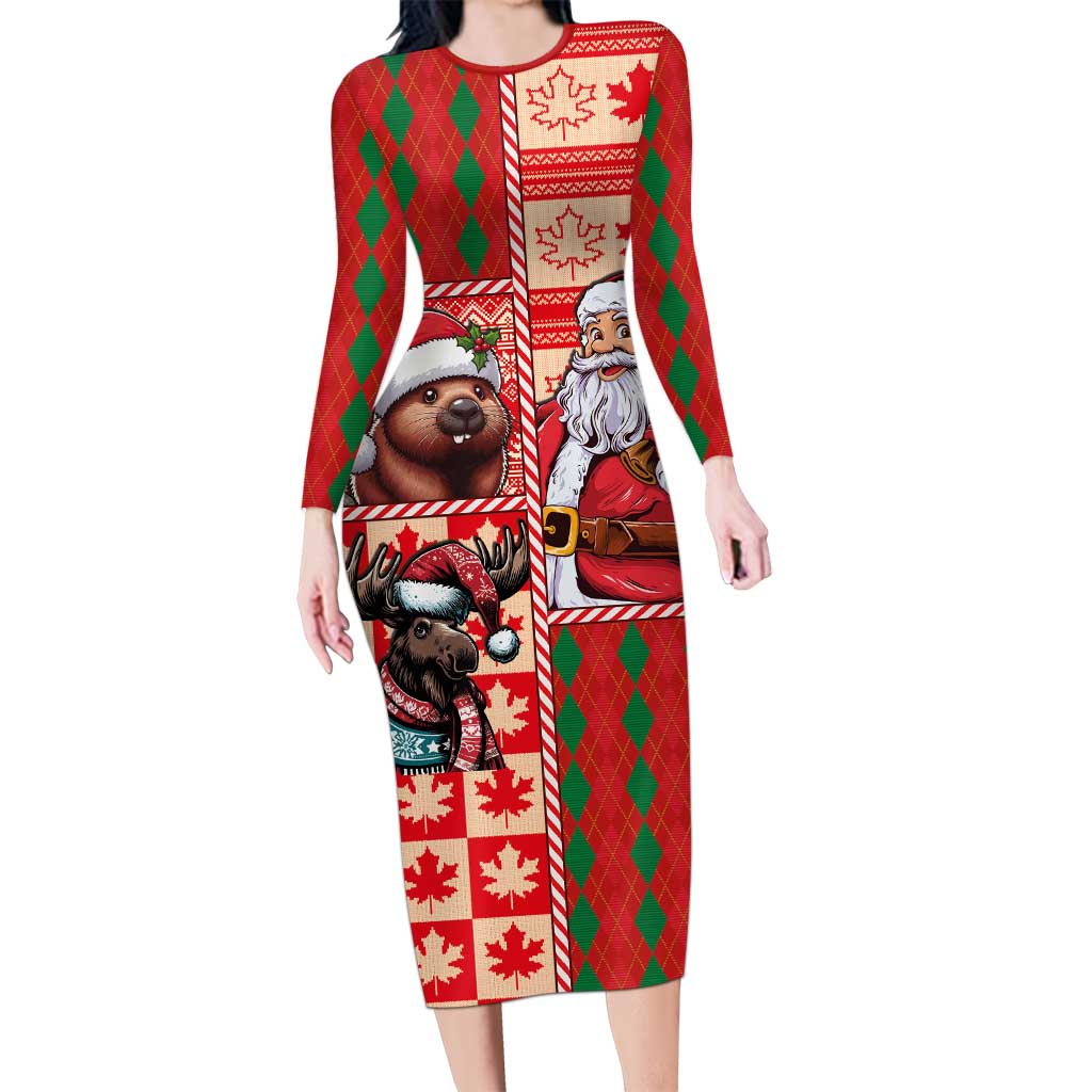 Canadian Christmas Long Sleeve Bodycon Dress Santa Hoho Holiday - A Beaver and Moose - Wonder Print Shop