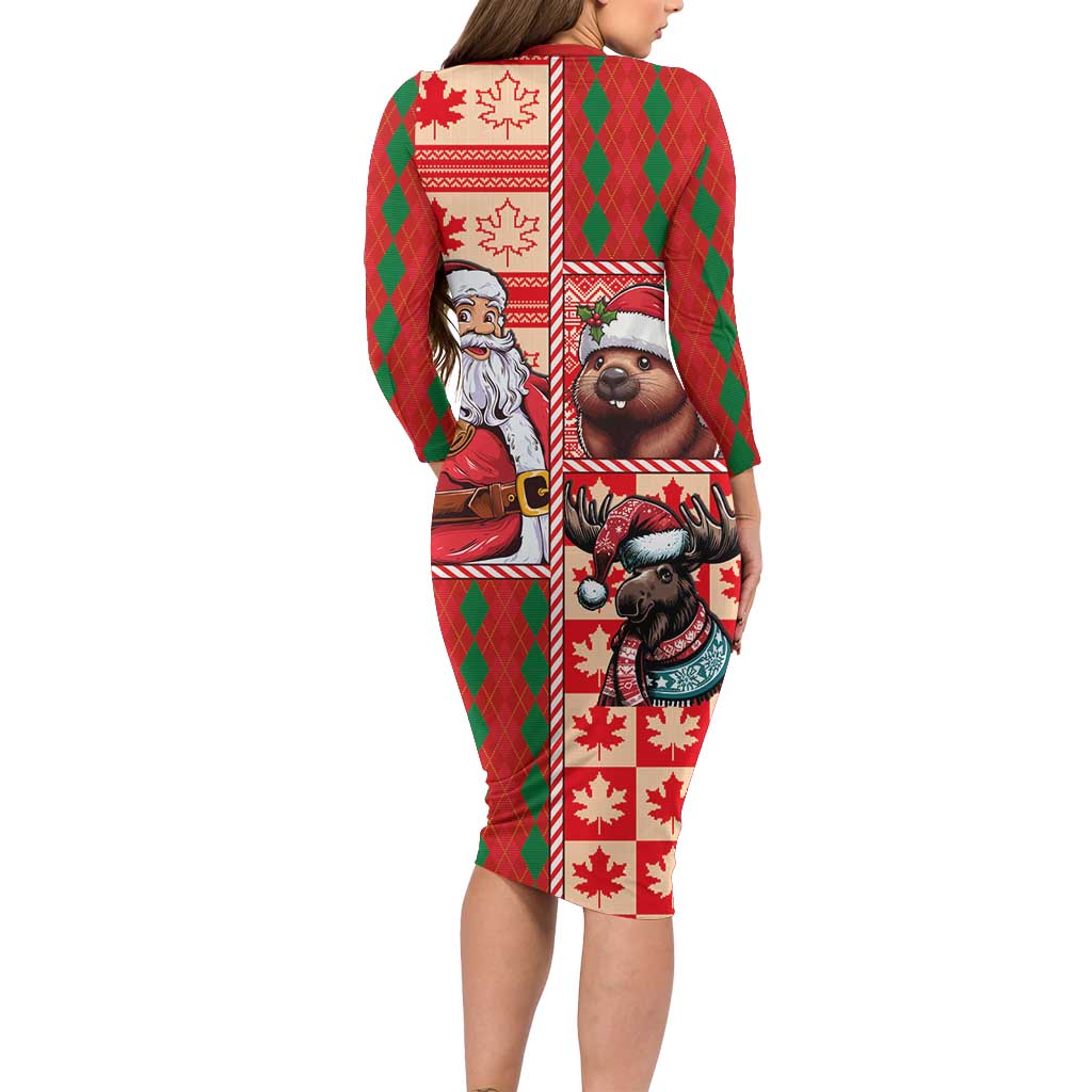 Canadian Christmas Long Sleeve Bodycon Dress Santa Hoho Holiday - A Beaver and Moose - Wonder Print Shop