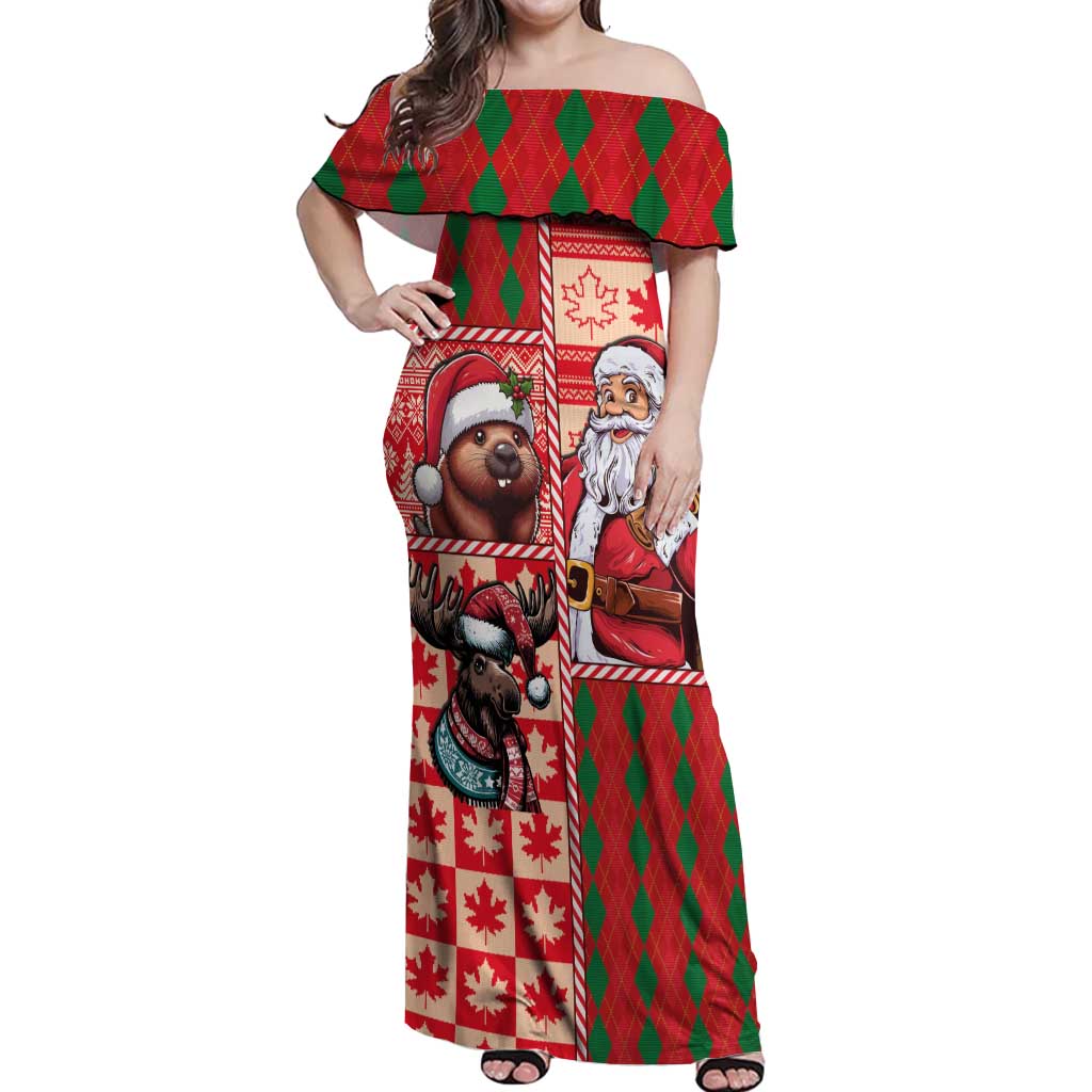 Canadian Christmas Off Shoulder Maxi Dress Santa Hoho Holiday - A Beaver and Moose - Wonder Print Shop