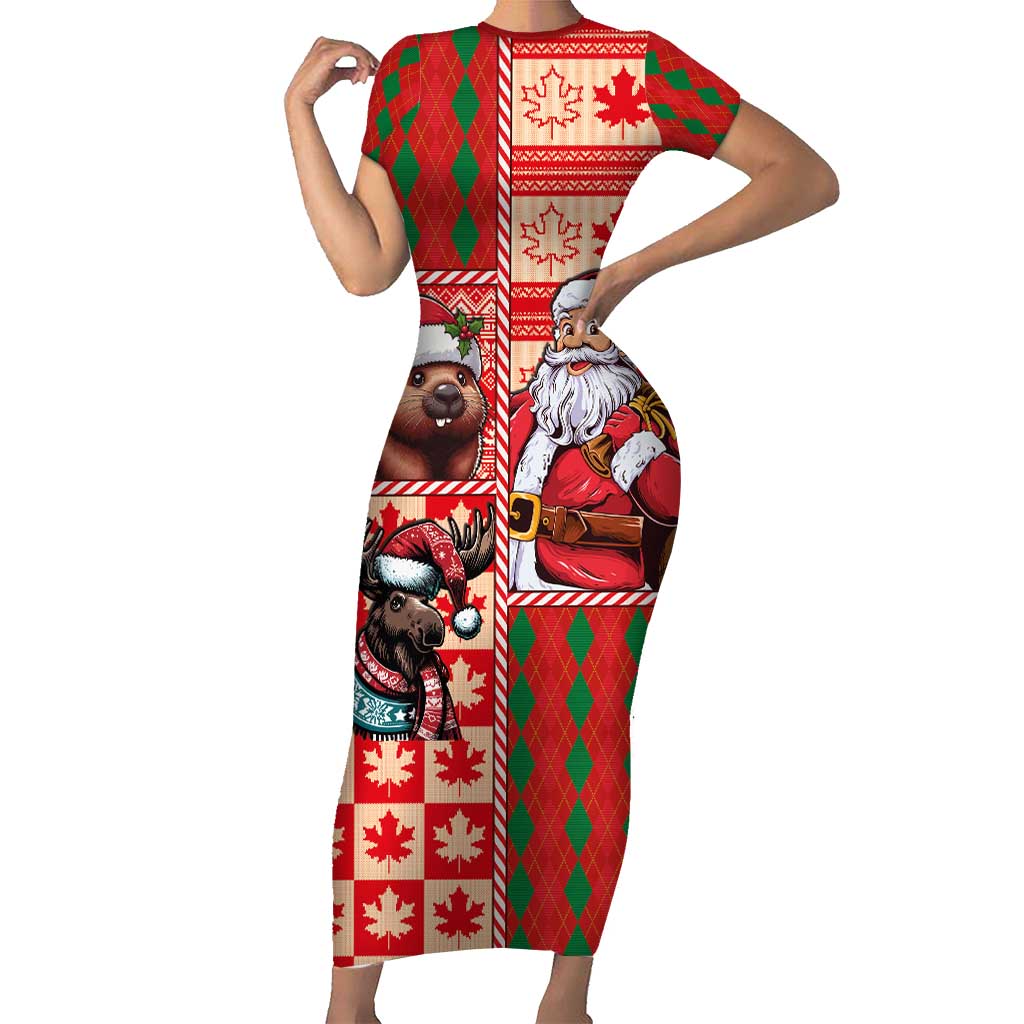 Canadian Christmas Short Sleeve Bodycon Dress Santa Hoho Holiday - A Beaver and Moose - Wonder Print Shop