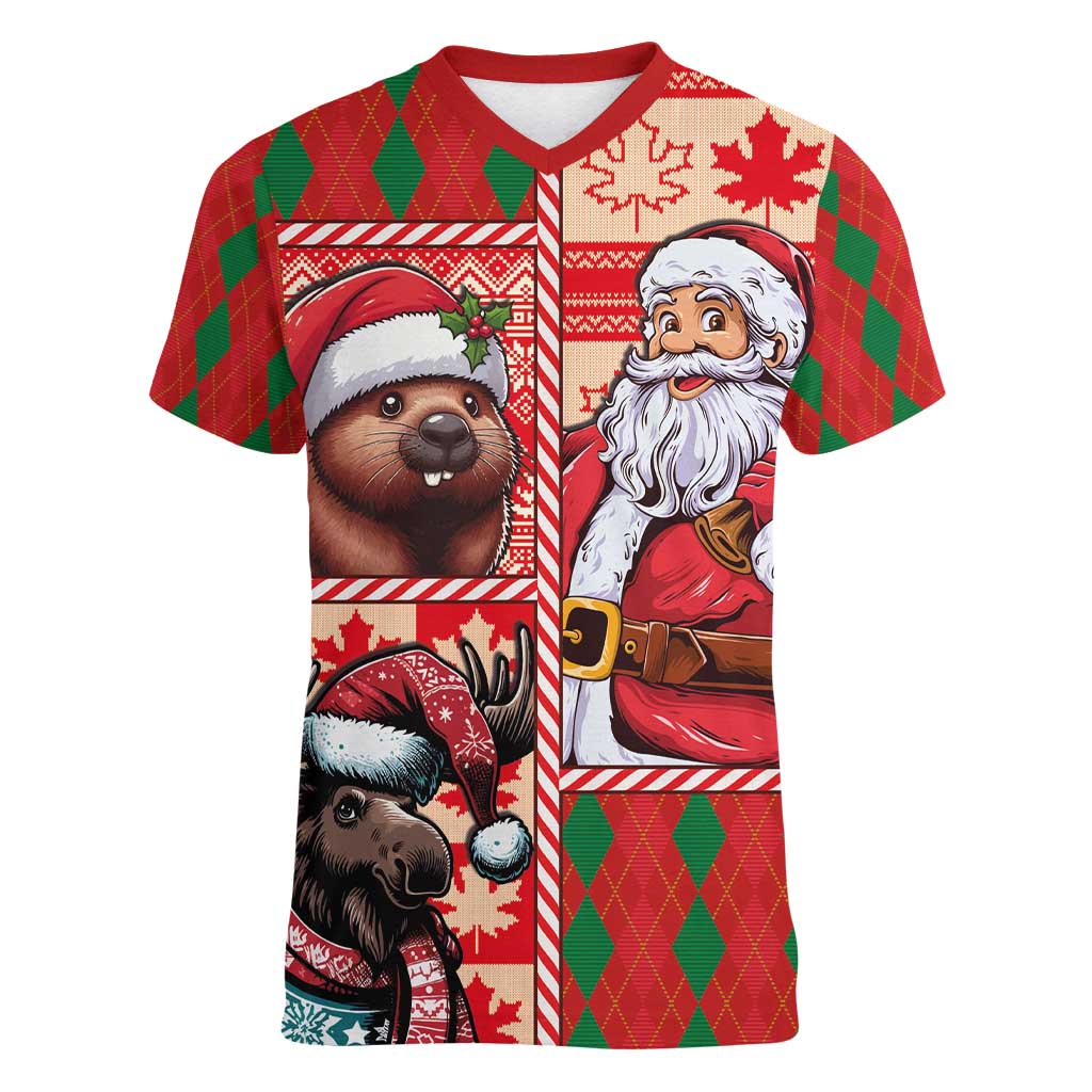 Canadian Christmas Women V-Neck T-Shirt Santa Hoho Holiday - A Beaver and Moose - Wonder Print Shop