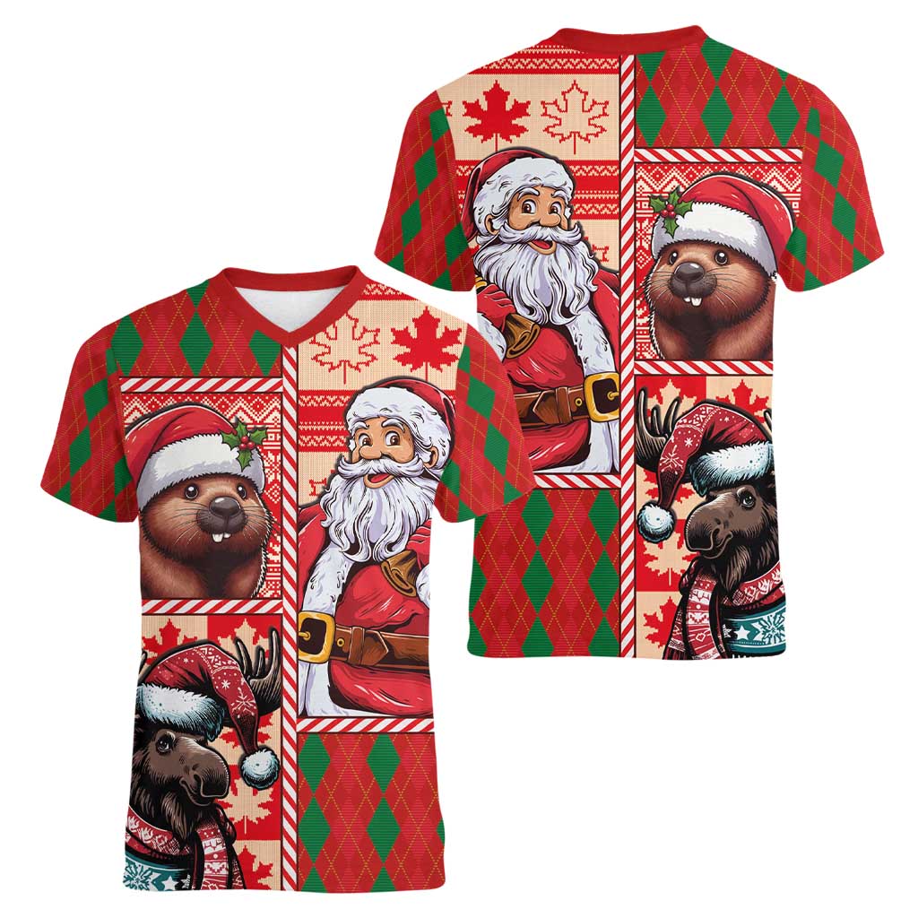 Canadian Christmas Women V-Neck T-Shirt Santa Hoho Holiday - A Beaver and Moose - Wonder Print Shop