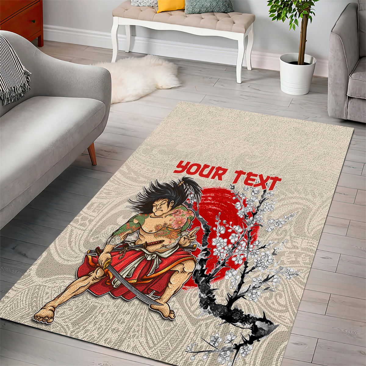 Personalised Japanese Culture Hawaii Style Area Rug Japanese Samurai with Hawaiian Pattern - Wonder Print Shop