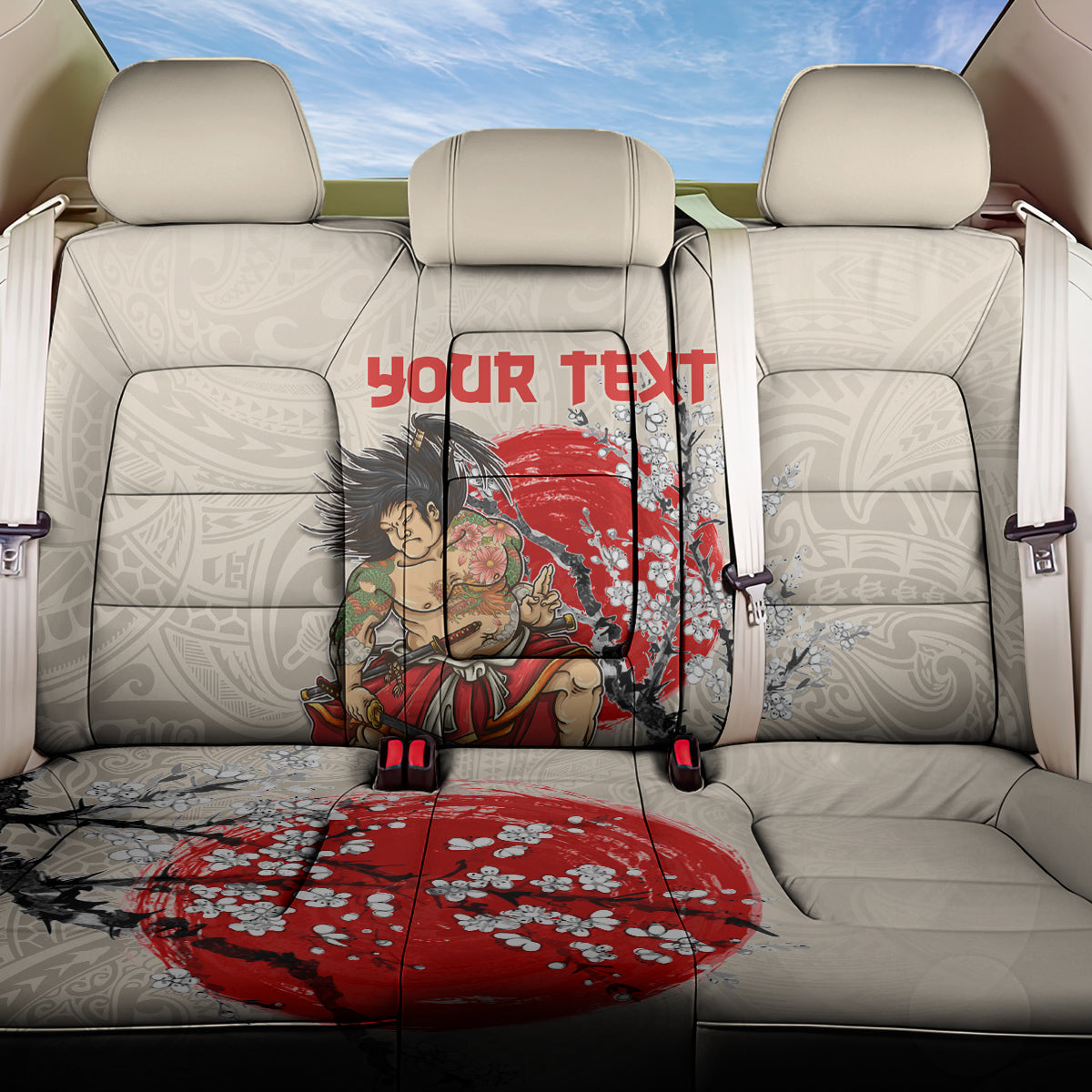 Personalised Japanese Culture Hawaii Style Back Car Seat Cover Japanese Samurai with Hawaiian Pattern - Wonder Print Shop