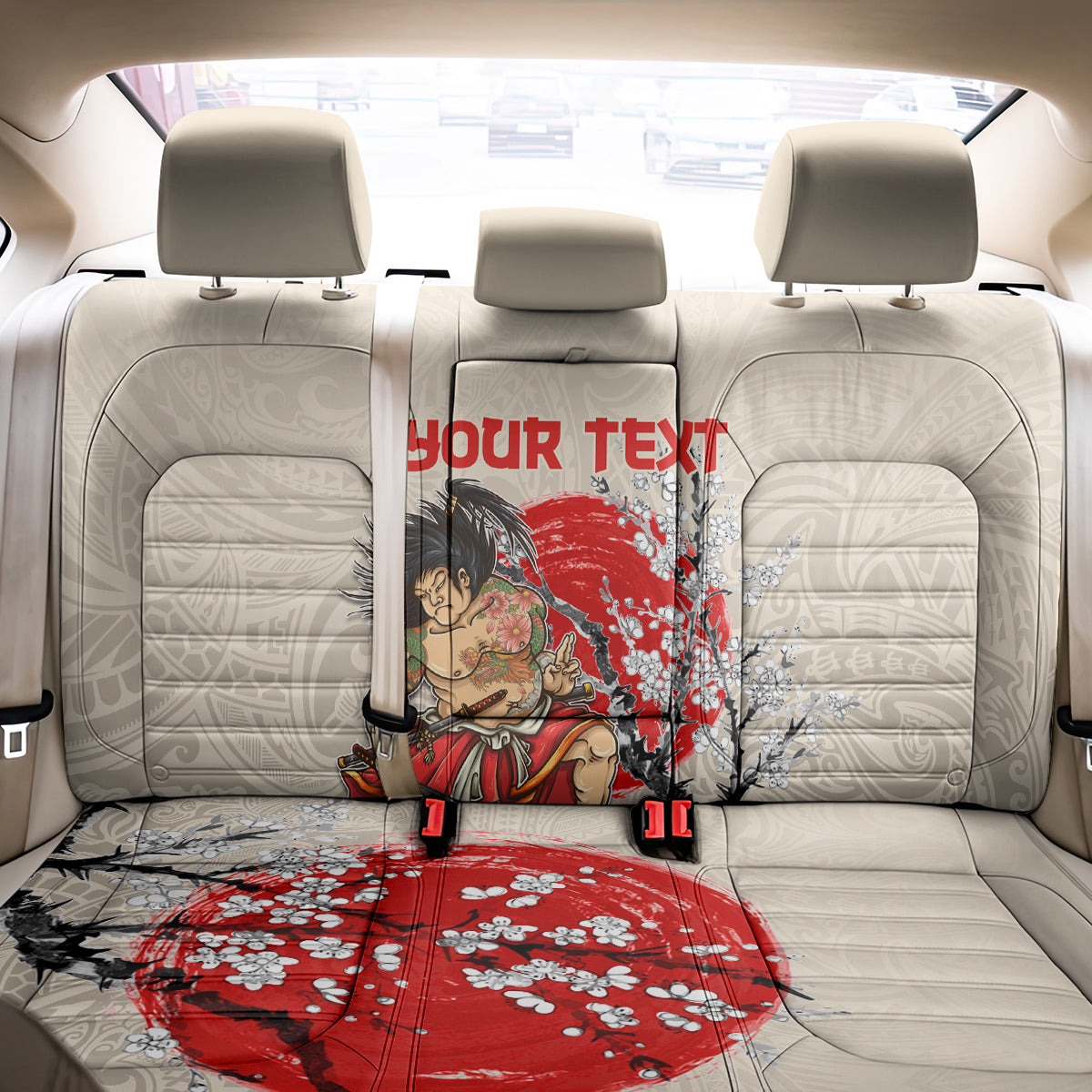 Personalised Japanese Culture Hawaii Style Back Car Seat Cover Japanese Samurai with Hawaiian Pattern - Wonder Print Shop