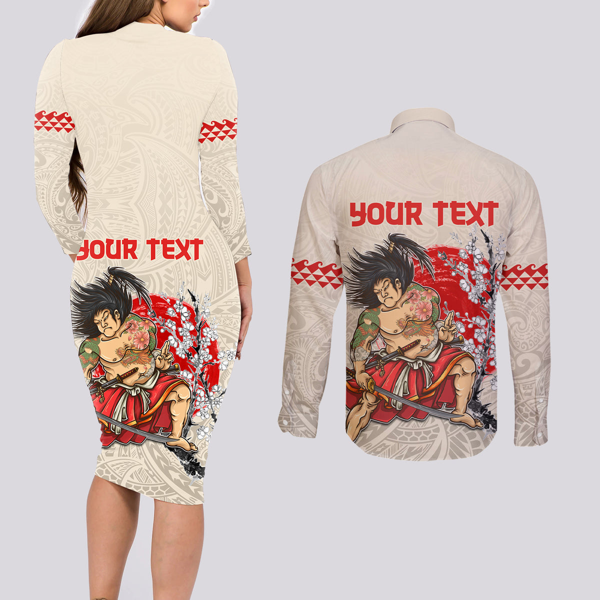 Personalised Japanese Culture Hawaii Style Couples Matching Long Sleeve Bodycon Dress and Long Sleeve Button Shirt Japanese Samurai with Hawaiian Pattern - Wonder Print Shop