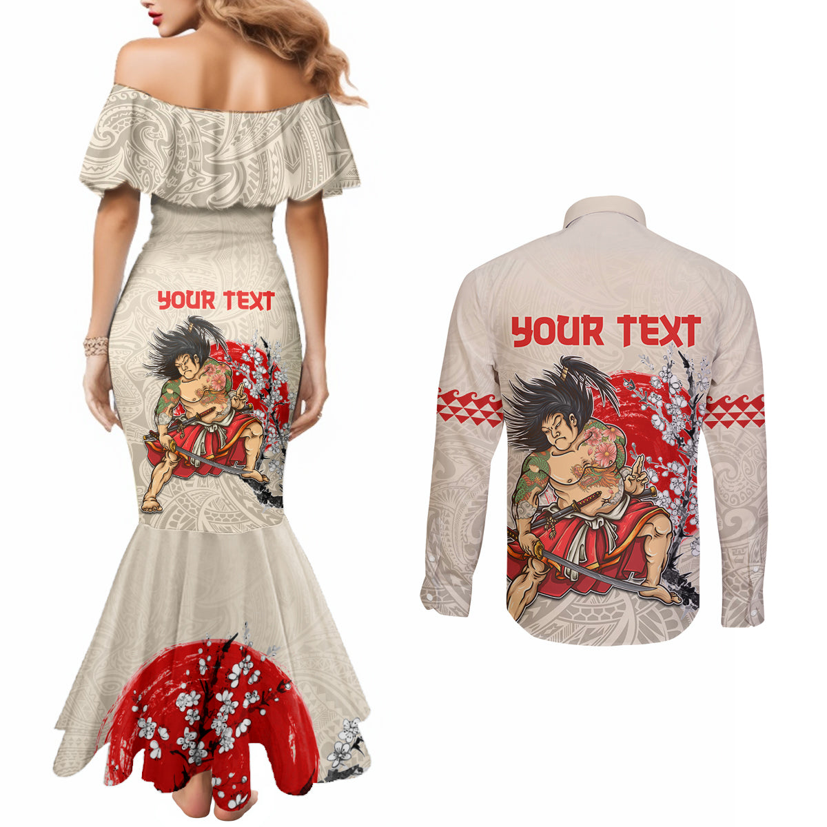 Personalised Pan-Pacific Festival Couples Matching Mermaid Dress and Long Sleeve Button Shirt Japanese Samurai with Hawaiian Pattern