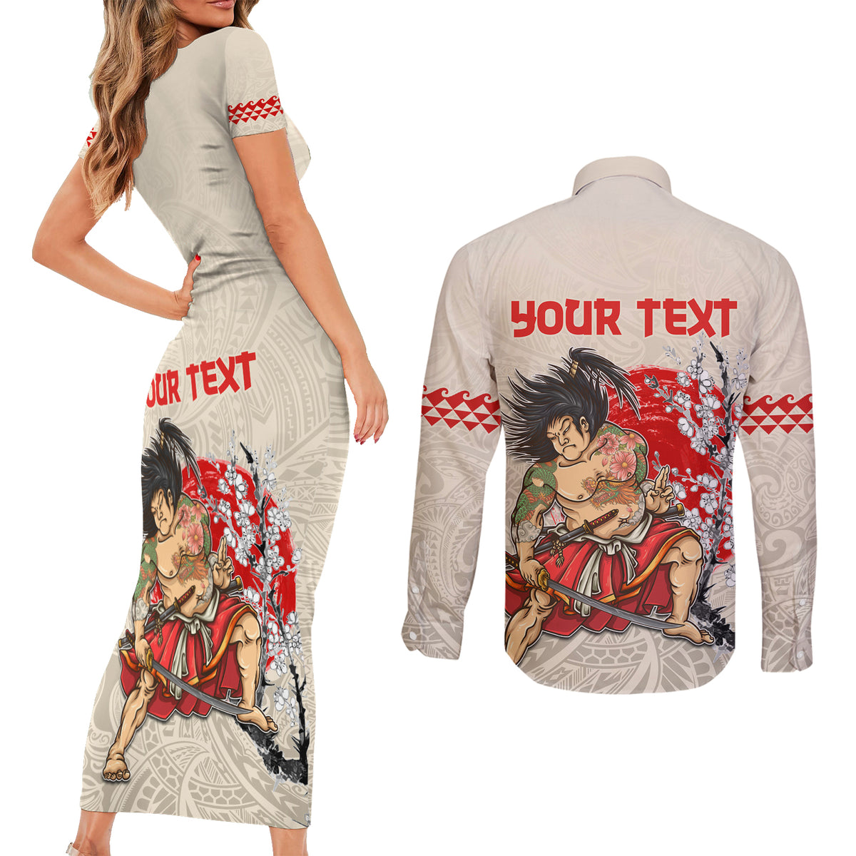 Personalised Japanese Culture Hawaii Style Couples Matching Short Sleeve Bodycon Dress and Long Sleeve Button Shirt Japanese Samurai with Hawaiian Pattern - Wonder Print Shop