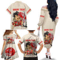 Personalised Japanese Culture Hawaii Style Family Matching Off The Shoulder Long Sleeve Dress and Hawaiian Shirt Japanese Samurai with Hawaiian Pattern - Wonder Print Shop