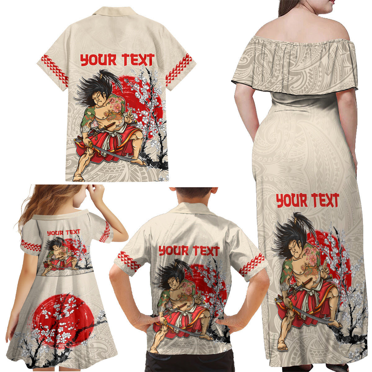 Personalised Japanese Culture Hawaii Style Family Matching Off Shoulder Maxi Dress and Hawaiian Shirt Japanese Samurai with Hawaiian Pattern - Wonder Print Shop