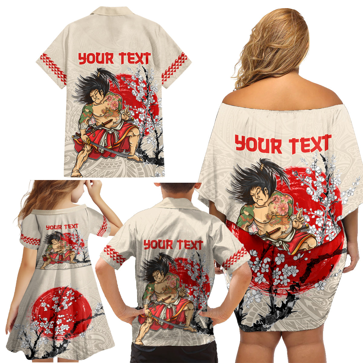 Personalised Japanese Culture Hawaii Style Family Matching Off Shoulder Short Dress and Hawaiian Shirt Japanese Samurai with Hawaiian Pattern - Wonder Print Shop