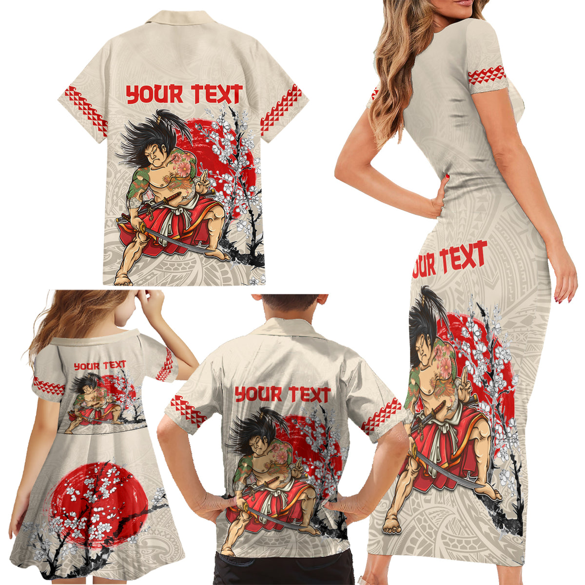 Personalised Japanese Culture Hawaii Style Family Matching Short Sleeve Bodycon Dress and Hawaiian Shirt Japanese Samurai with Hawaiian Pattern - Wonder Print Shop