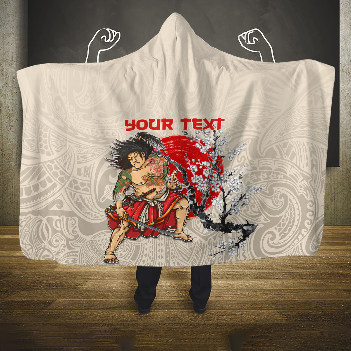 Personalised Pan-Pacific Festival Hooded Blanket Japanese Samurai with Hawaiian Pattern