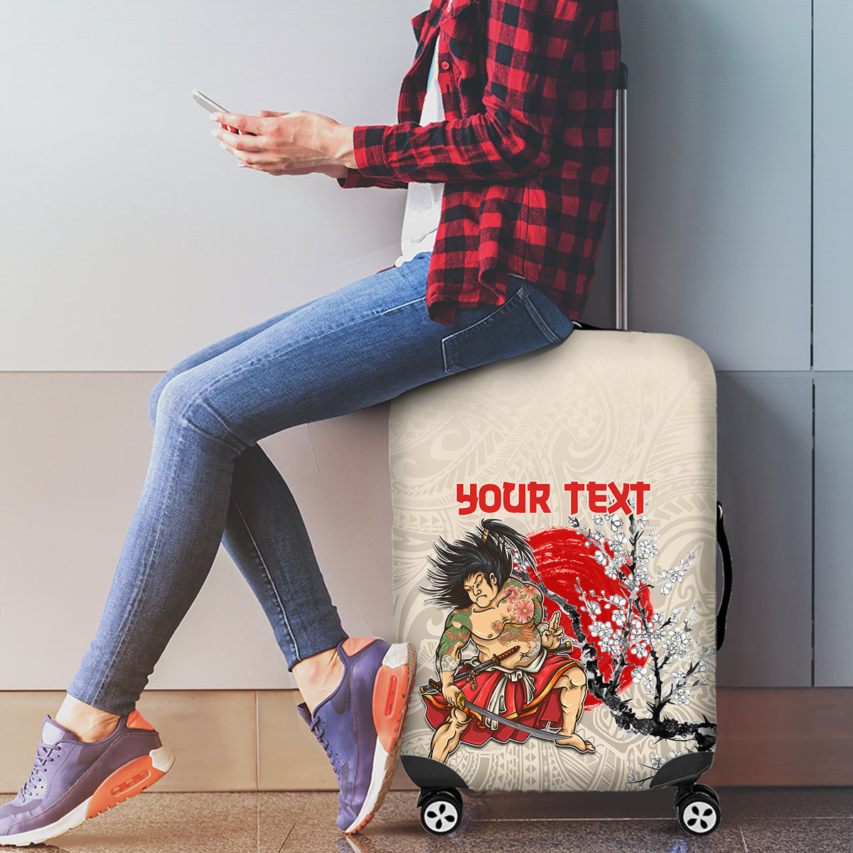 Personalised Japanese Culture Hawaii Style Luggage Cover Japanese Samurai with Hawaiian Pattern - Wonder Print Shop