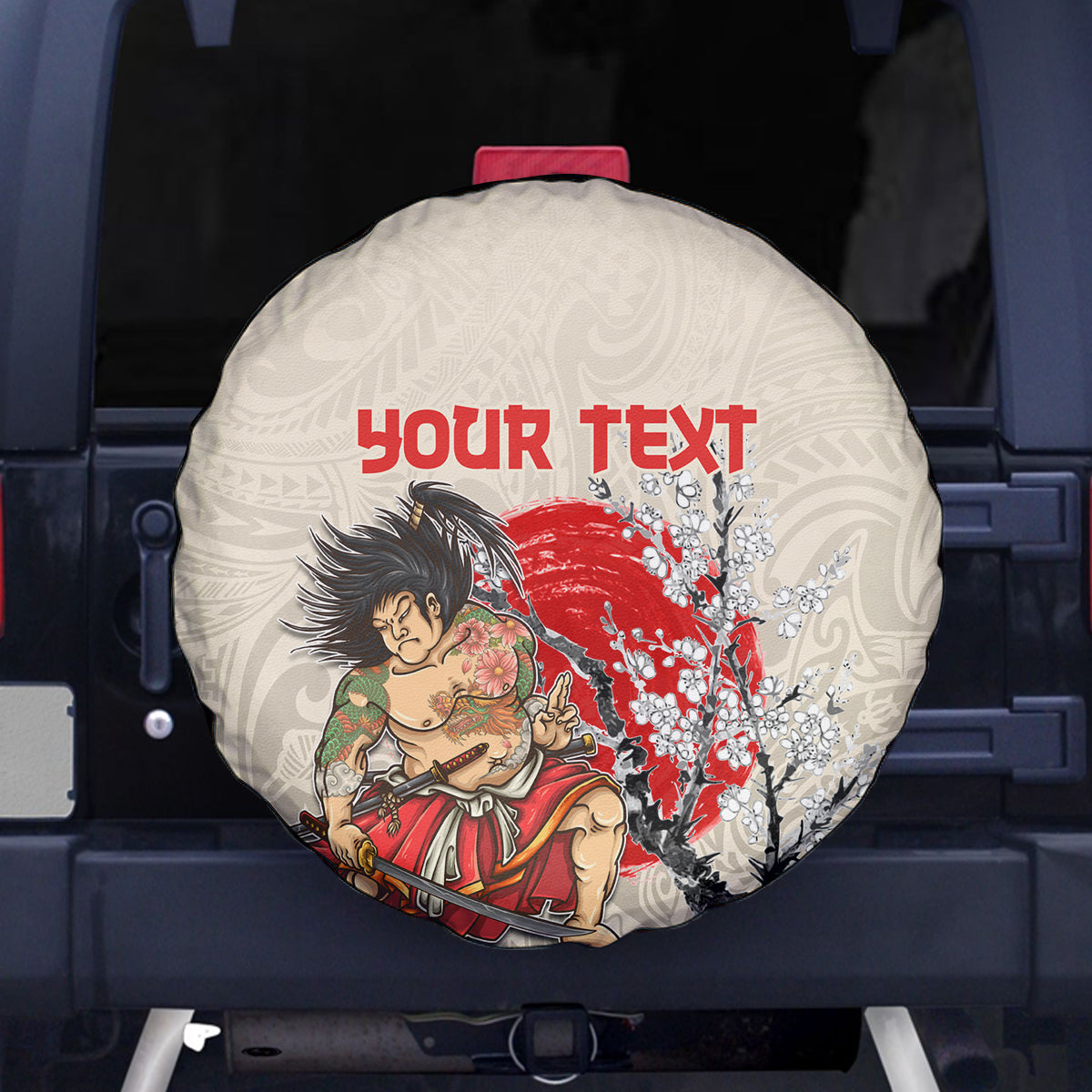 Personalised Japanese Culture Hawaii Style Spare Tire Cover Japanese Samurai with Hawaiian Pattern - Wonder Print Shop