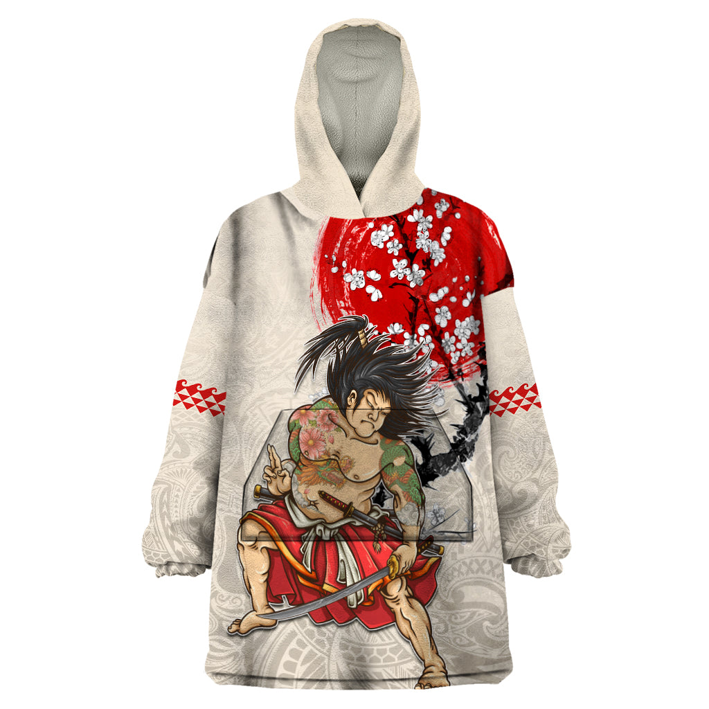 Personalised Pan-Pacific Festival Wearable Blanket Hoodie Japanese Samurai with Hawaiian Pattern