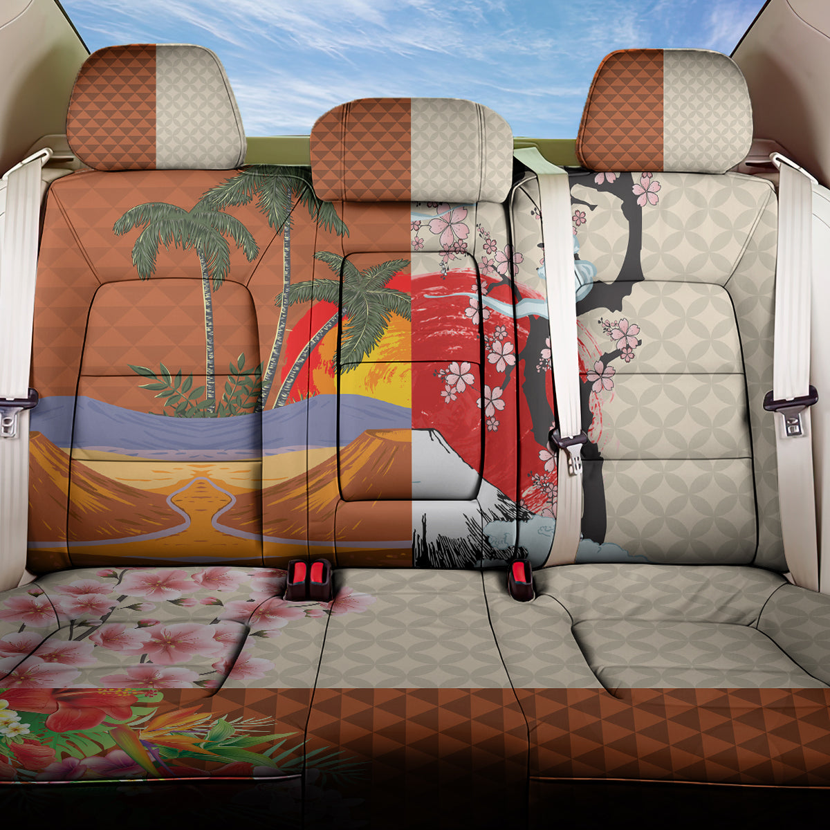 Japanese Culture Hawaii Style Back Car Seat Cover Mauna Kea and Fuji Mountains - Wonder Print Shop