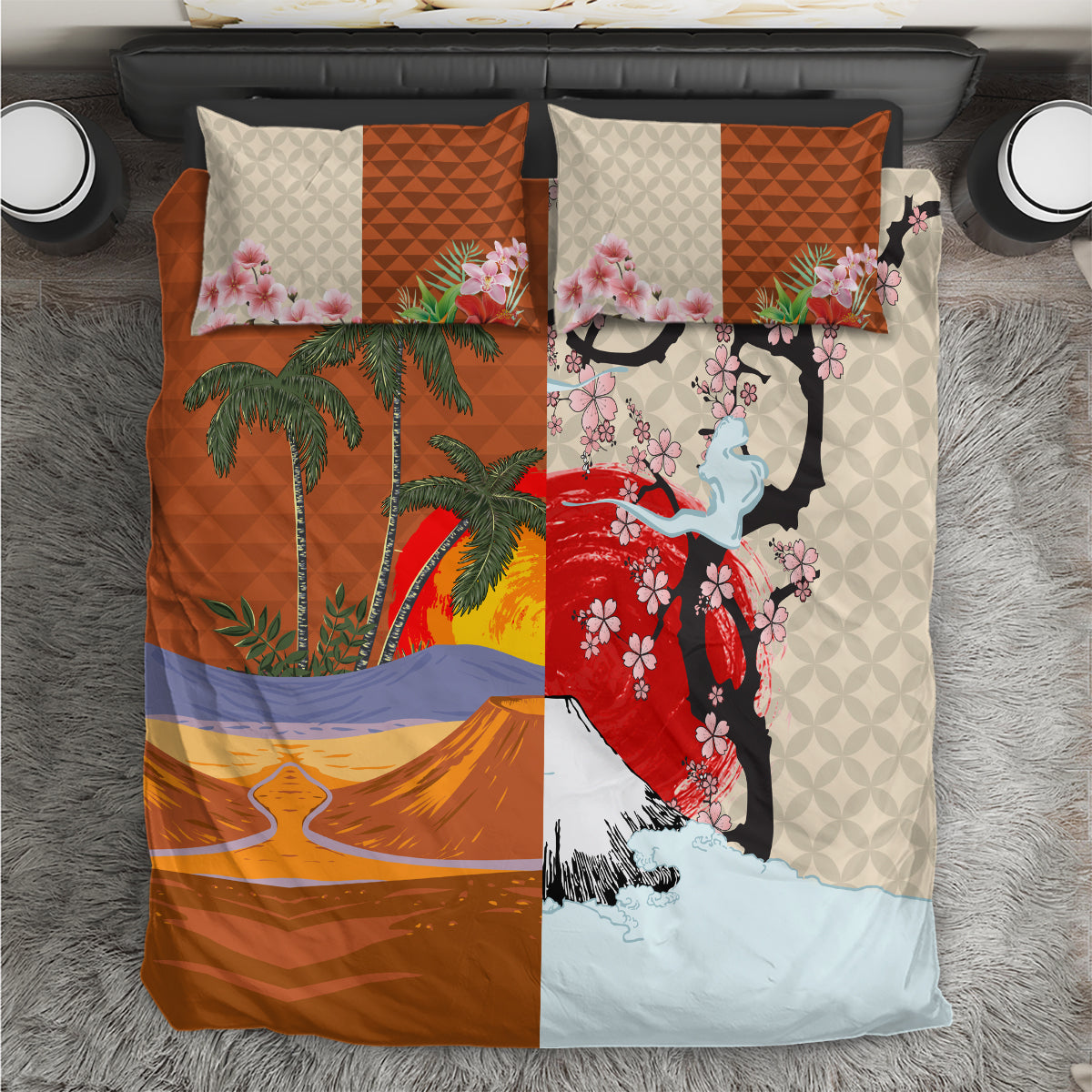 Japanese Culture Hawaii Style Bedding Set Mauna Kea and Fuji Mountains - Wonder Print Shop