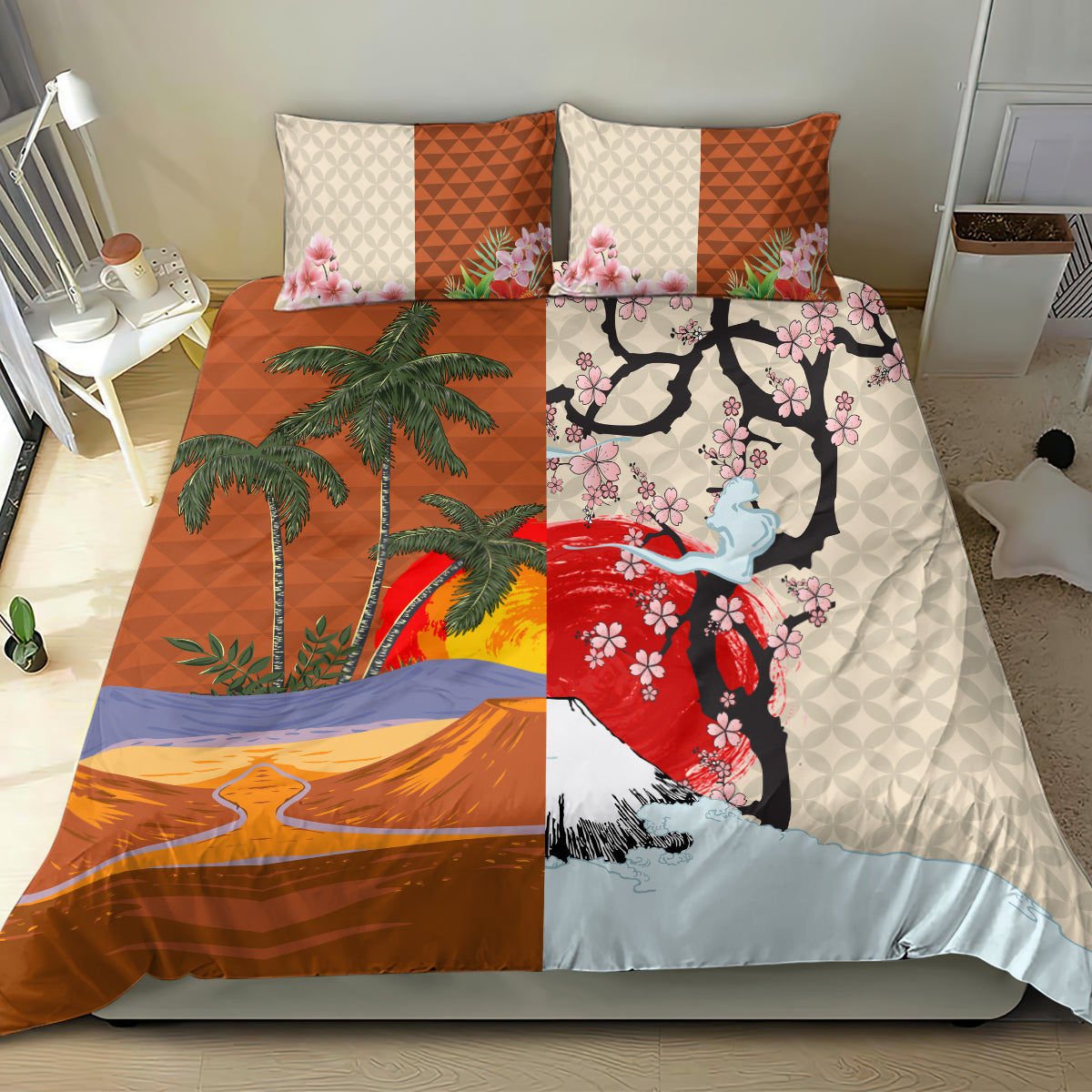 Japanese Culture Hawaii Style Bedding Set Mauna Kea and Fuji Mountains - Wonder Print Shop