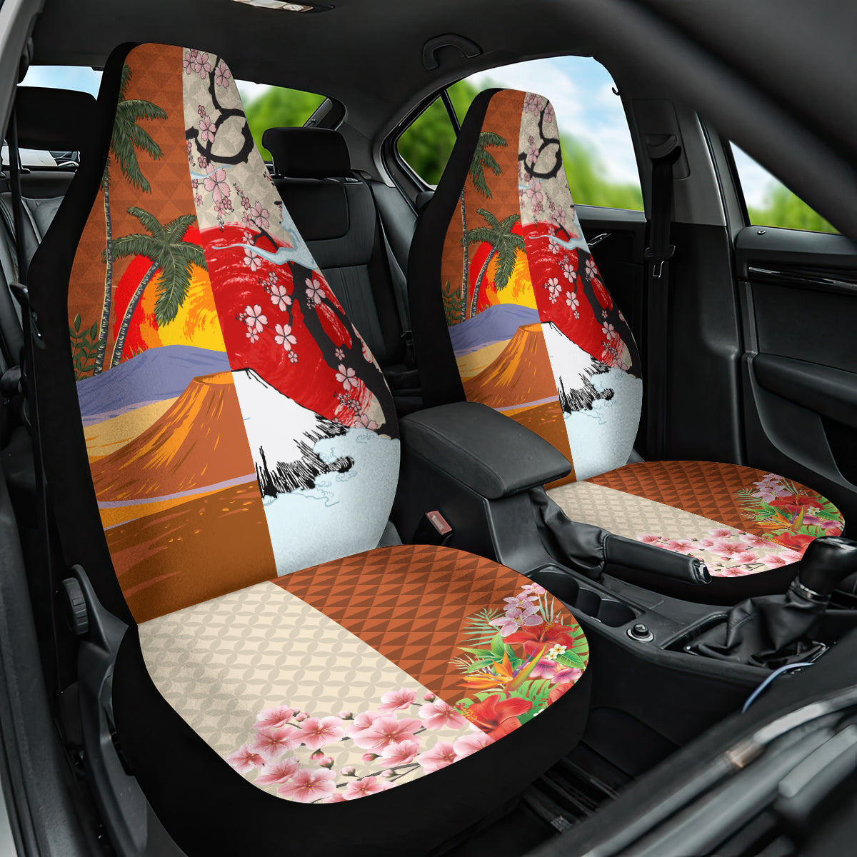 Japanese Culture Hawaii Style Car Seat Cover Mauna Kea and Fuji Mountains - Wonder Print Shop