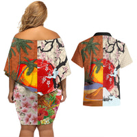 Japanese Culture Hawaii Style Couples Matching Off Shoulder Short Dress and Hawaiian Shirt Mauna Kea and Fuji Mountains - Wonder Print Shop