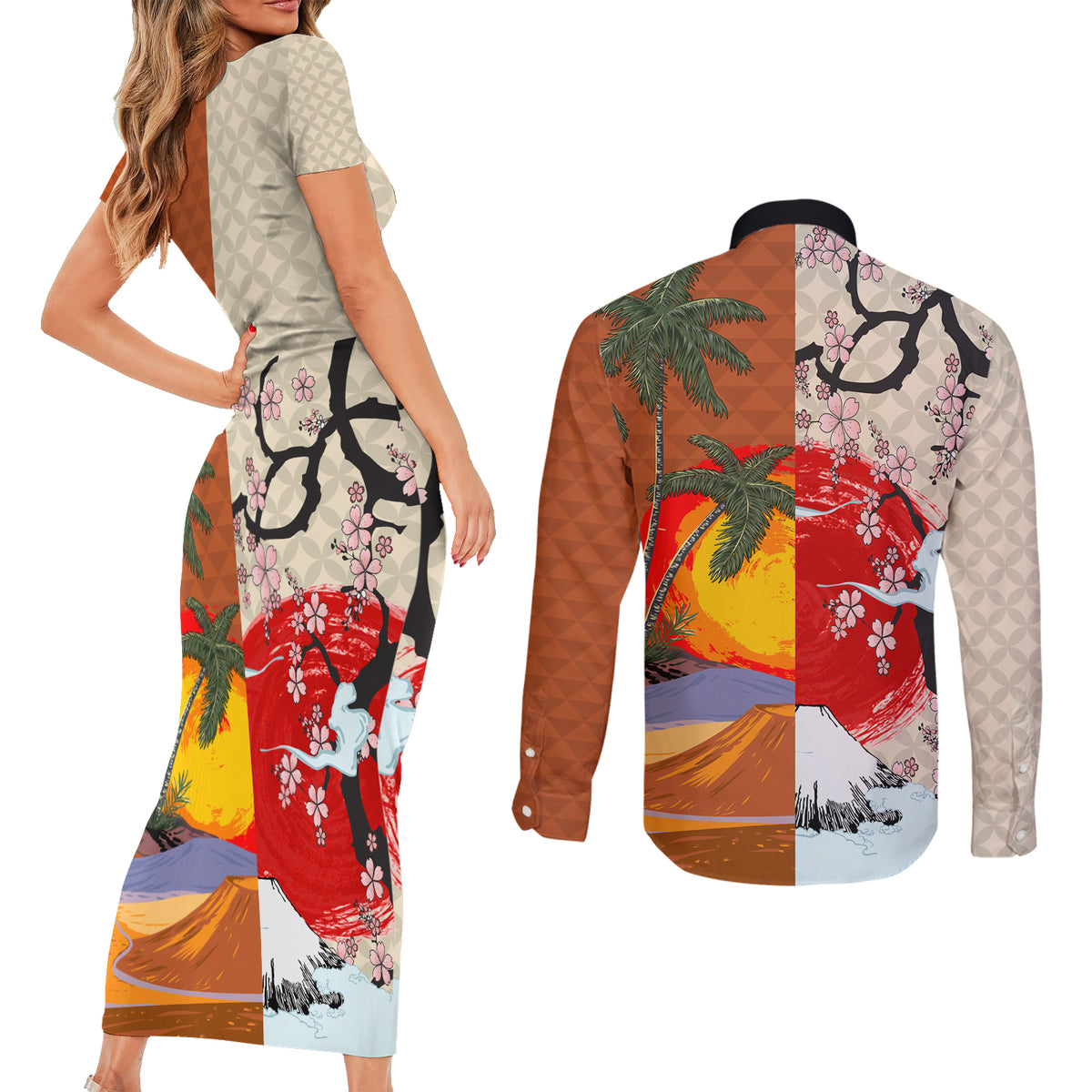 Japanese Culture Hawaii Style Couples Matching Short Sleeve Bodycon Dress and Long Sleeve Button Shirt Mauna Kea and Fuji Mountains - Wonder Print Shop