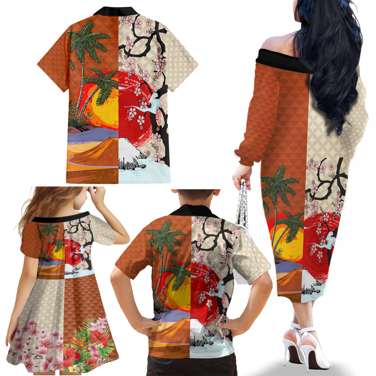 Japanese Culture Hawaii Style Family Matching Off The Shoulder Long Sleeve Dress and Hawaiian Shirt Mauna Kea and Fuji Mountains - Wonder Print Shop