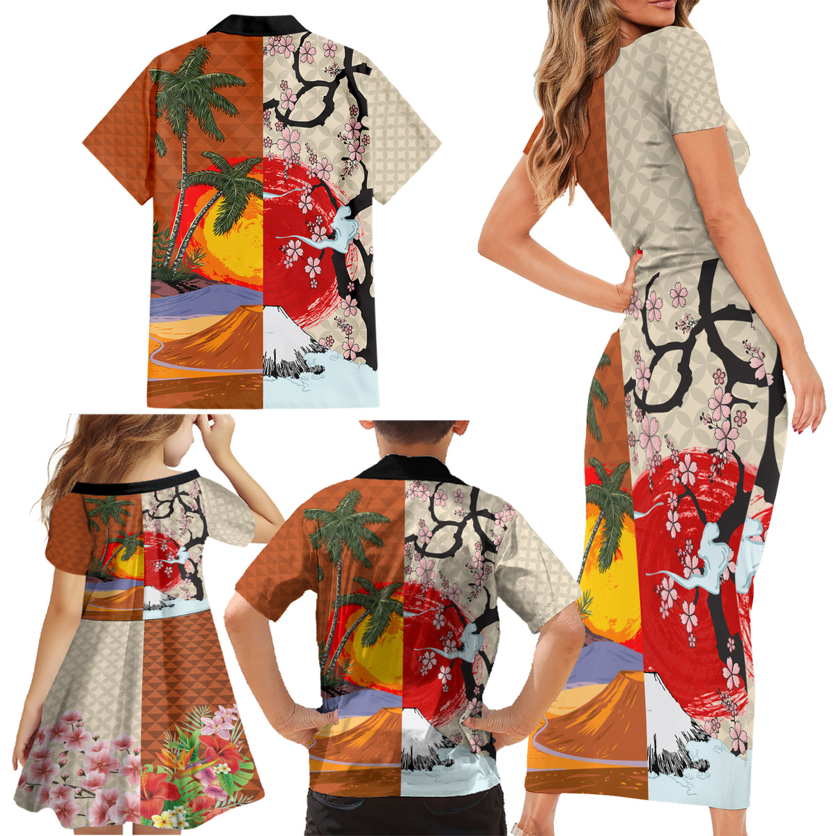 Japanese Culture Hawaii Style Family Matching Short Sleeve Bodycon Dress and Hawaiian Shirt Mauna Kea and Fuji Mountains - Wonder Print Shop