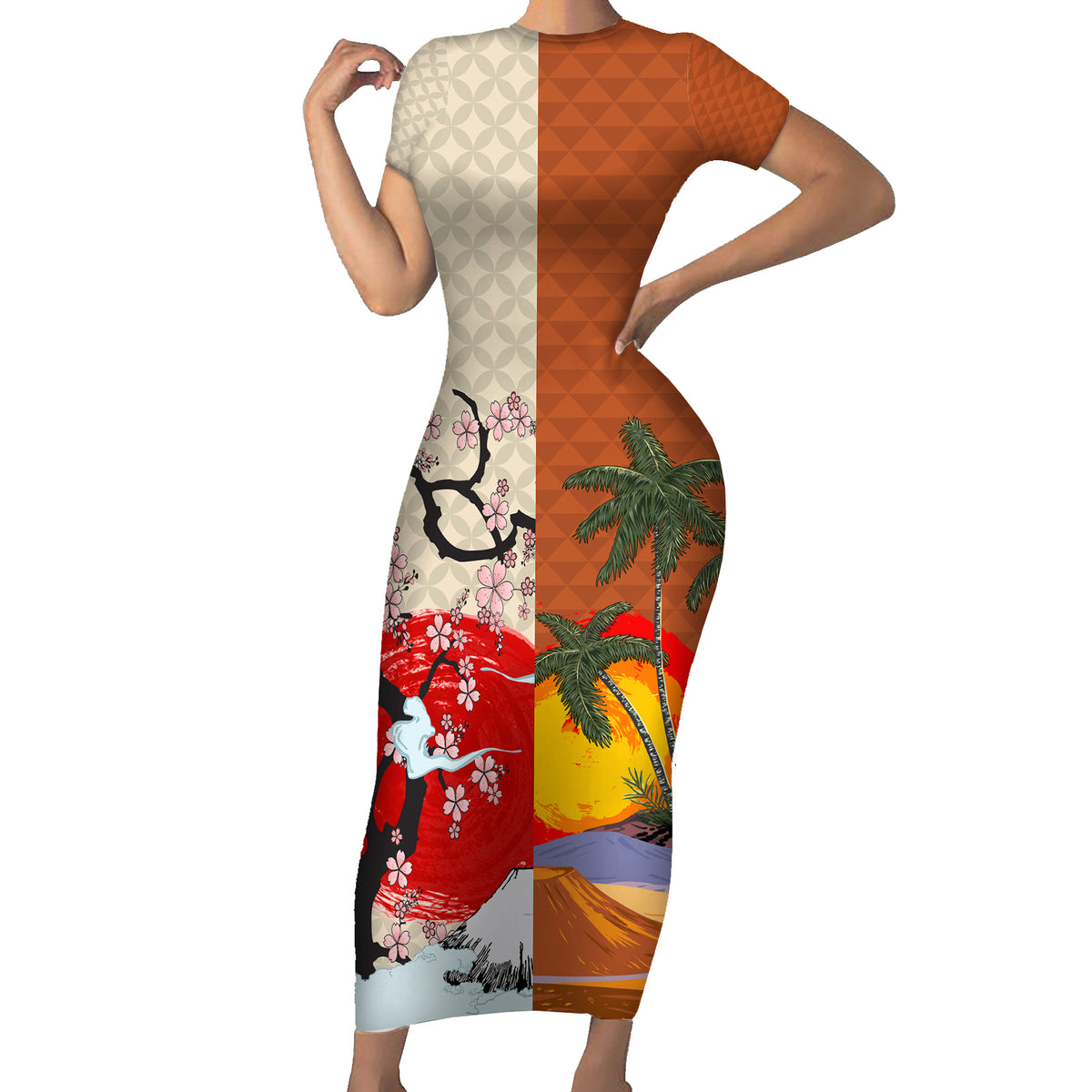 Japanese Culture Hawaii Style Family Matching Short Sleeve Bodycon Dress and Hawaiian Shirt Mauna Kea and Fuji Mountains - Wonder Print Shop