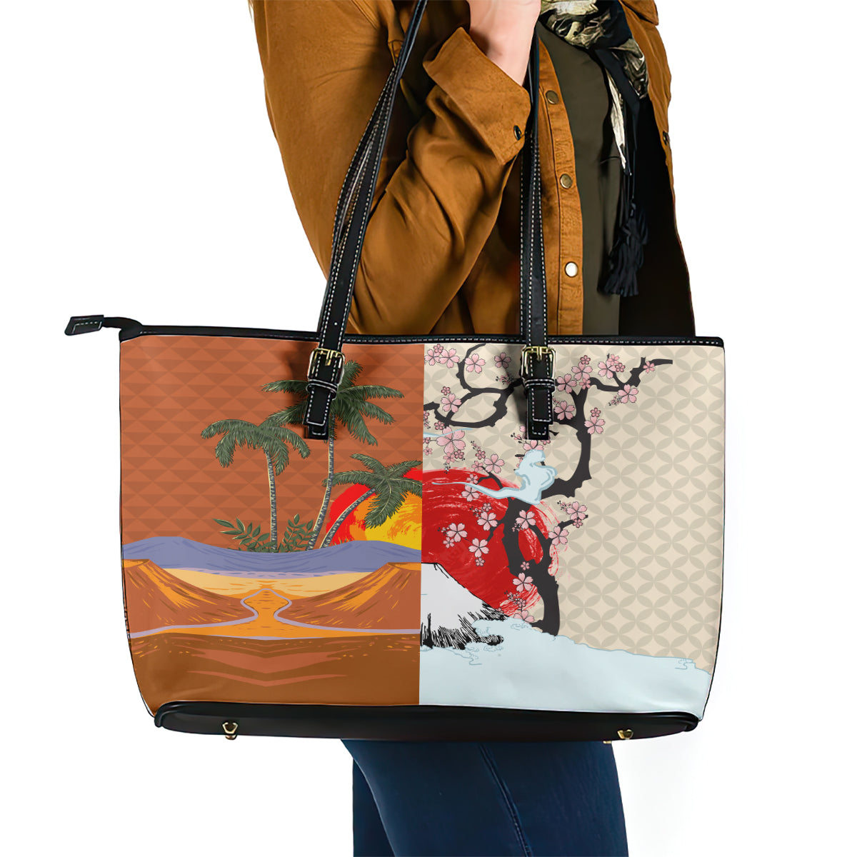 Japanese Culture Hawaii Style Leather Tote Bag Mauna Kea and Fuji Mountains - Wonder Print Shop