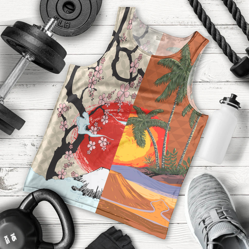 Japanese Culture Hawaii Style Men Tank Top Mauna Kea and Fuji Mountains - Wonder Print Shop
