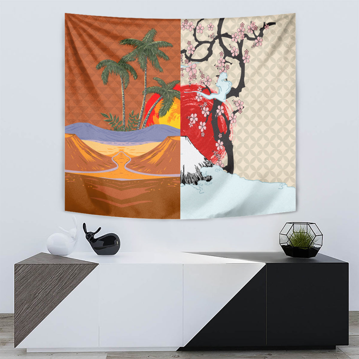Japanese Culture Hawaii Style Tapestry Mauna Kea and Fuji Mountains - Wonder Print Shop