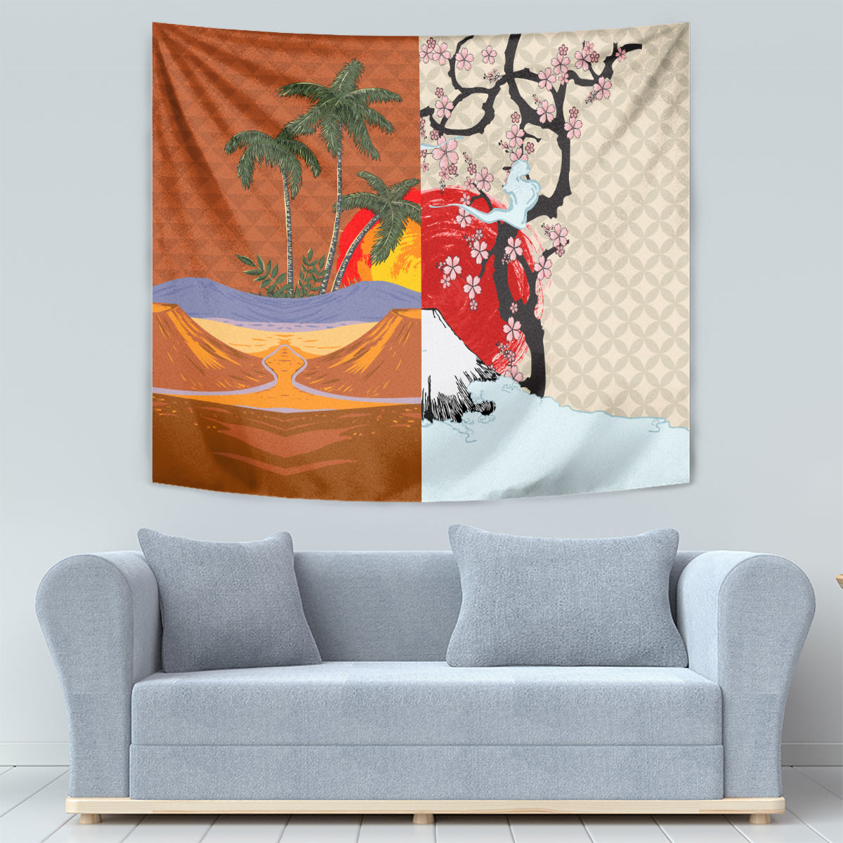 Japanese Culture Hawaii Style Tapestry Mauna Kea and Fuji Mountains - Wonder Print Shop