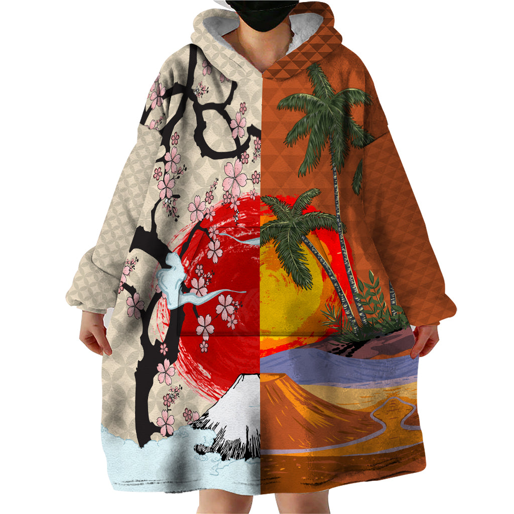 Japanese Culture Hawaii Style Wearable Blanket Hoodie Mauna Kea and Fuji Mountains - Wonder Print Shop