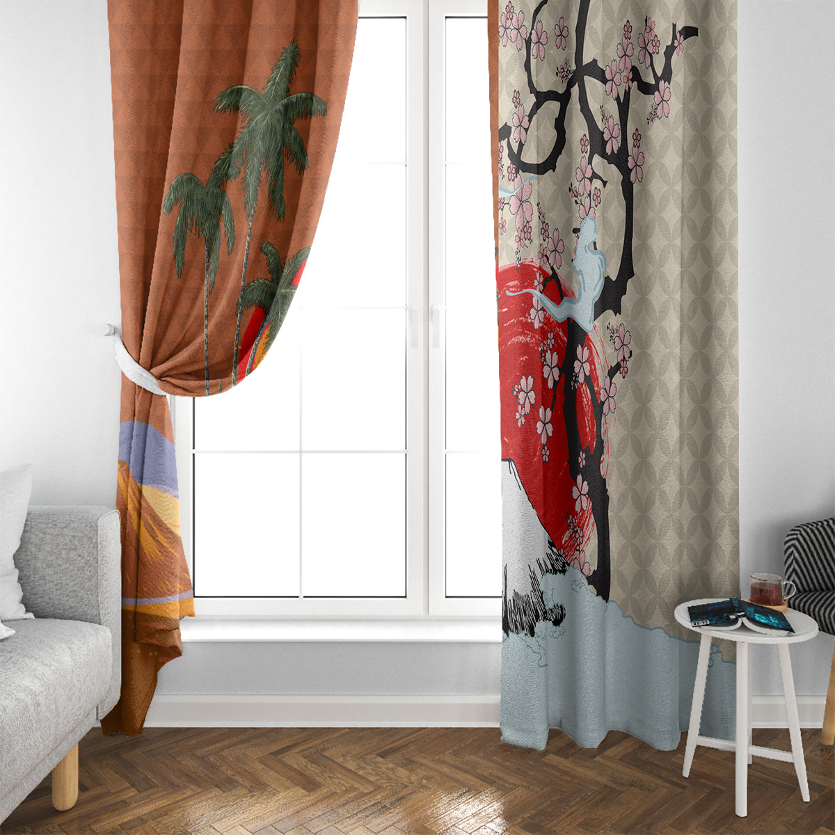 Japanese Culture Hawaii Style Window Curtain Mauna Kea and Fuji Mountains - Wonder Print Shop