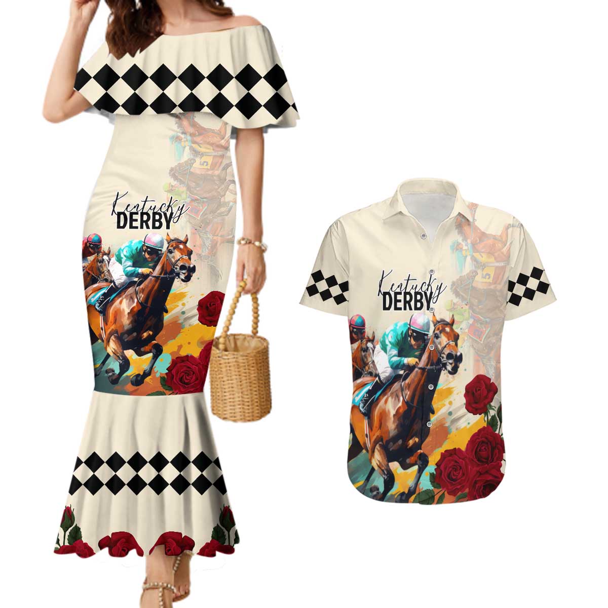 Kentucky Horse Racing 151st Anniversary Couples Matching Mermaid Dress and Hawaiian Shirt LT03