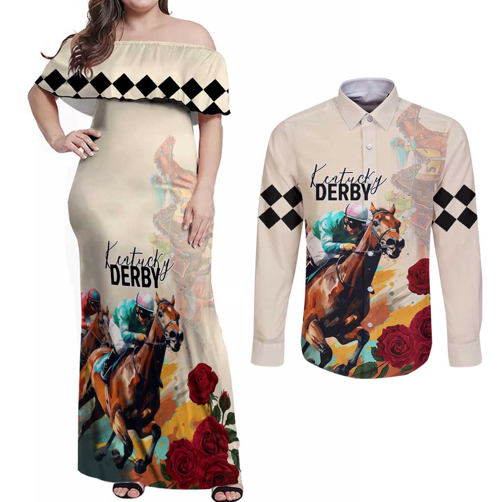 Kentucky Horse Racing 151st Anniversary Couples Matching Off Shoulder Maxi Dress and Long Sleeve Button Shirt LT03