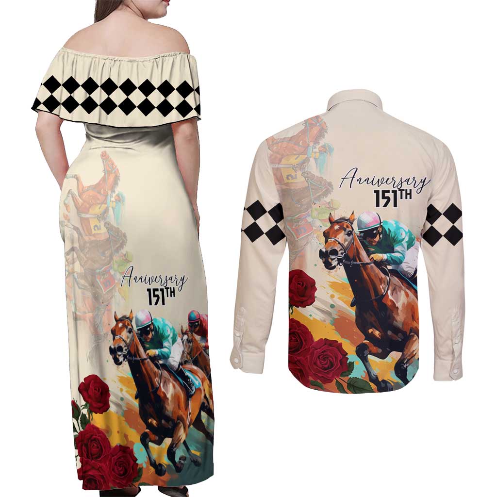 Kentucky Horse Racing 151st Anniversary Couples Matching Off Shoulder Maxi Dress and Long Sleeve Button Shirt LT03