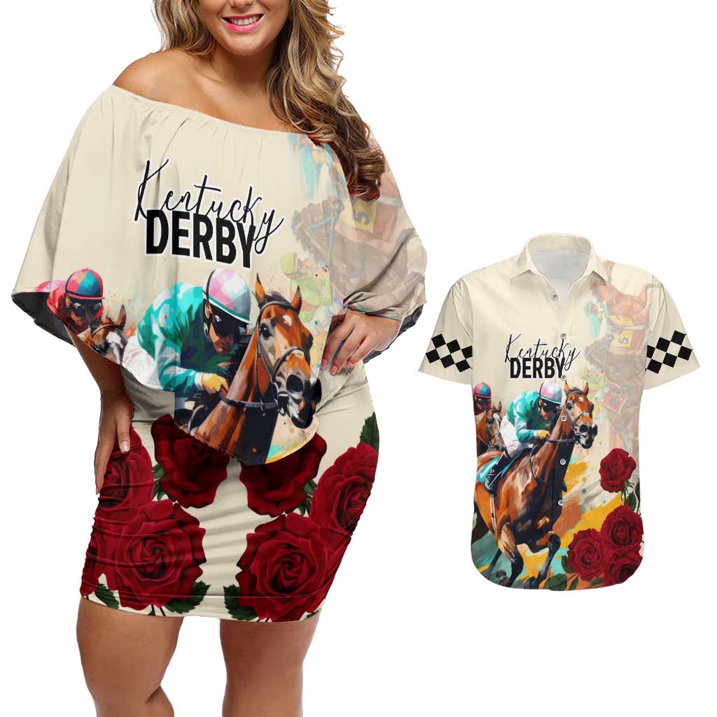 Kentucky Horse Racing 151st Anniversary Couples Matching Off Shoulder Short Dress and Hawaiian Shirt LT03