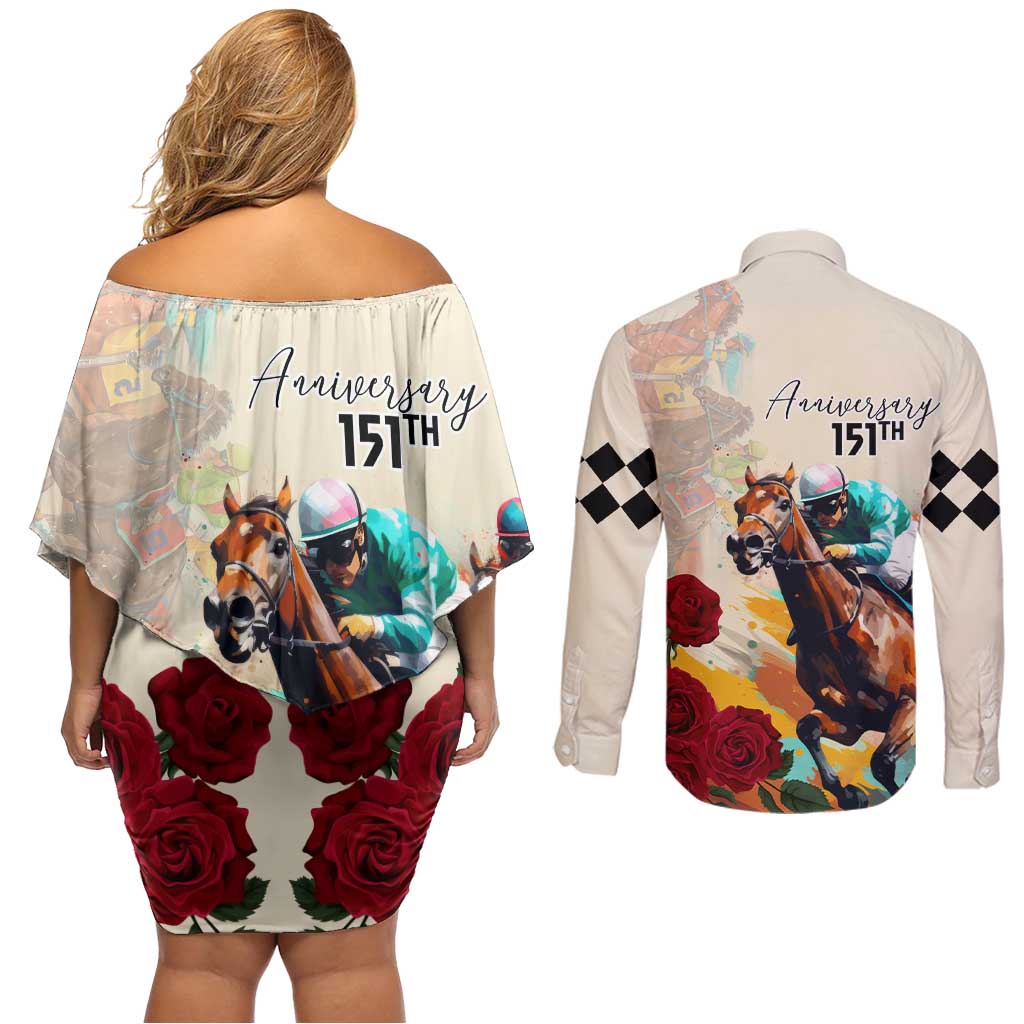 Kentucky Horse Racing 151st Anniversary Couples Matching Off Shoulder Short Dress and Long Sleeve Button Shirt LT03