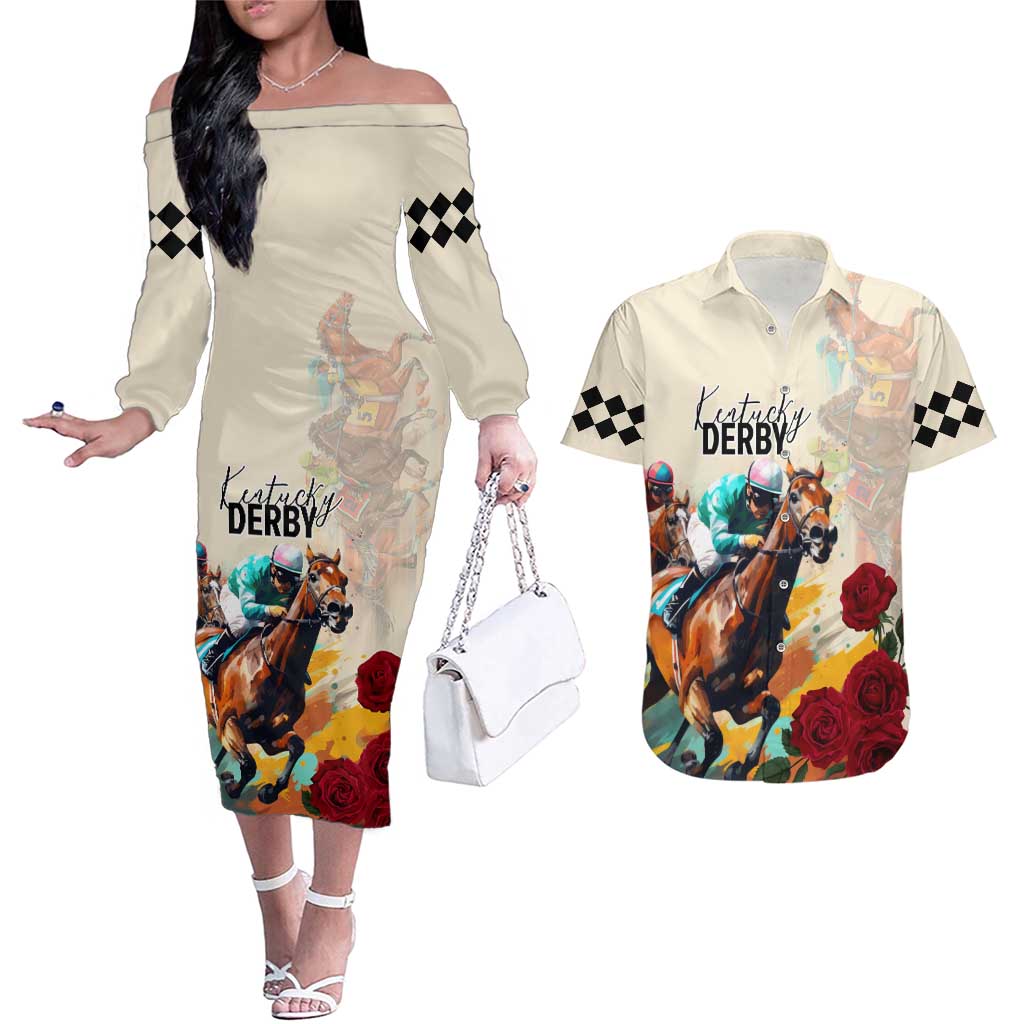 Kentucky Horse Racing 151st Anniversary Couples Matching Off The Shoulder Long Sleeve Dress and Hawaiian Shirt LT03