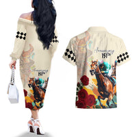 Kentucky Horse Racing 151st Anniversary Couples Matching Off The Shoulder Long Sleeve Dress and Hawaiian Shirt LT03