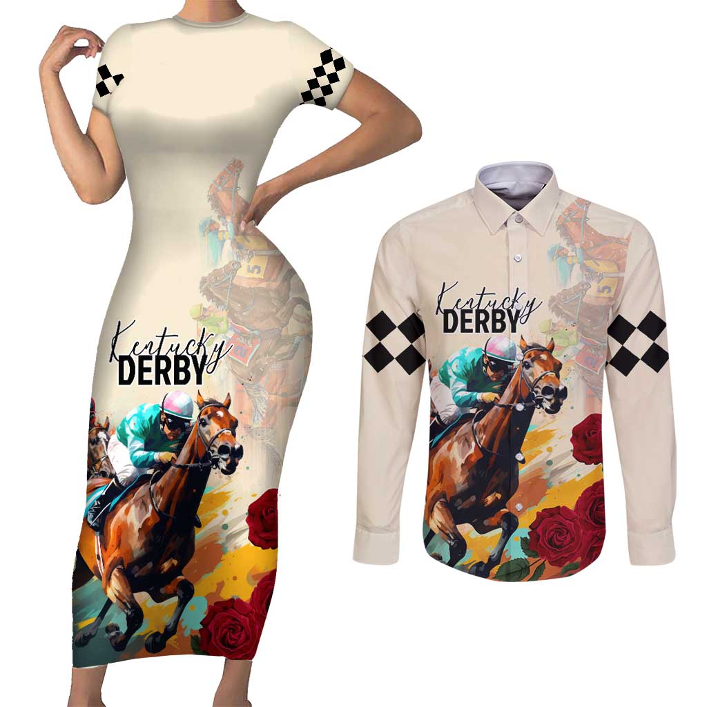 Kentucky Horse Racing 151st Anniversary Couples Matching Short Sleeve Bodycon Dress and Long Sleeve Button Shirt LT03