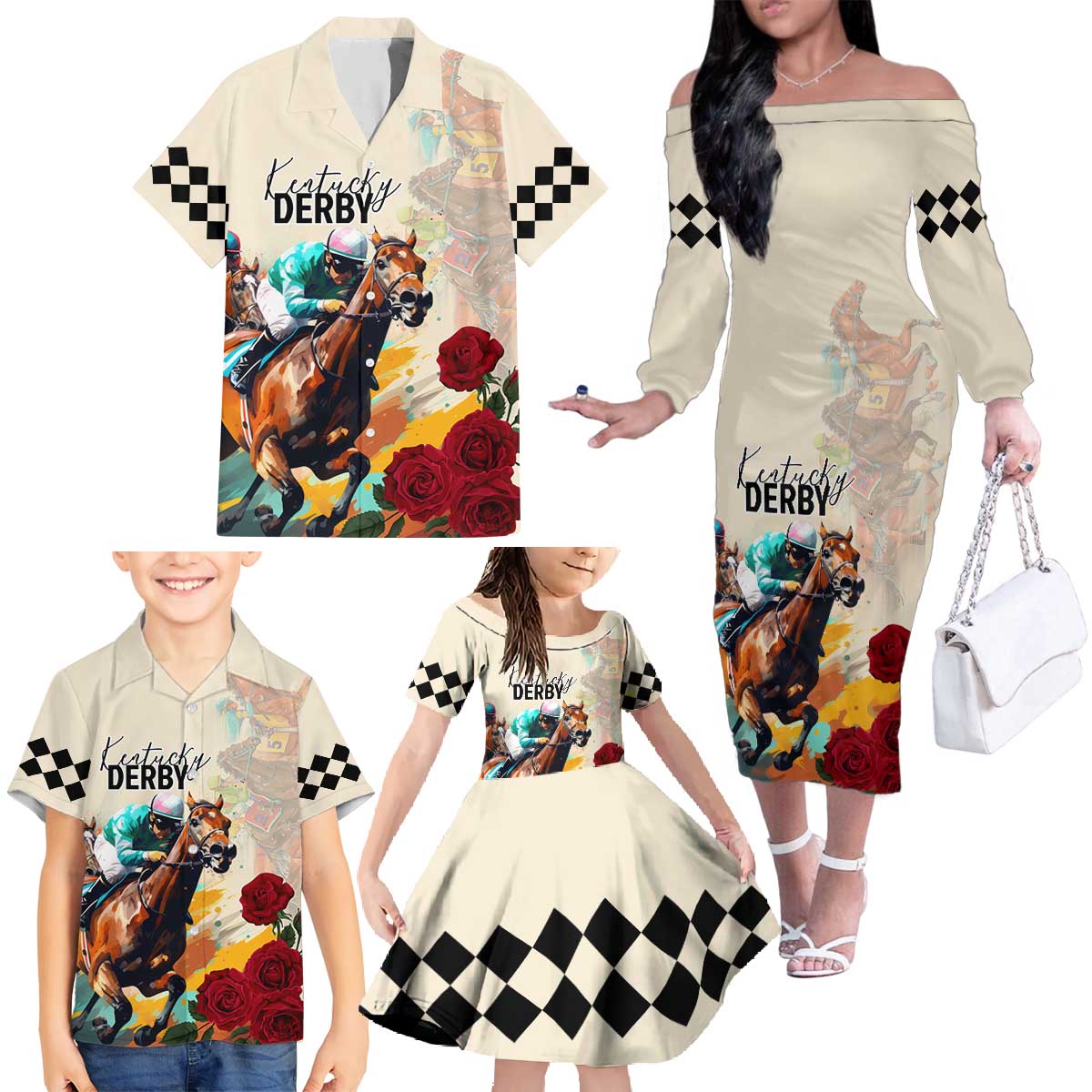 Kentucky Horse Racing 151st Anniversary Family Matching Off The Shoulder Long Sleeve Dress and Hawaiian Shirt LT03