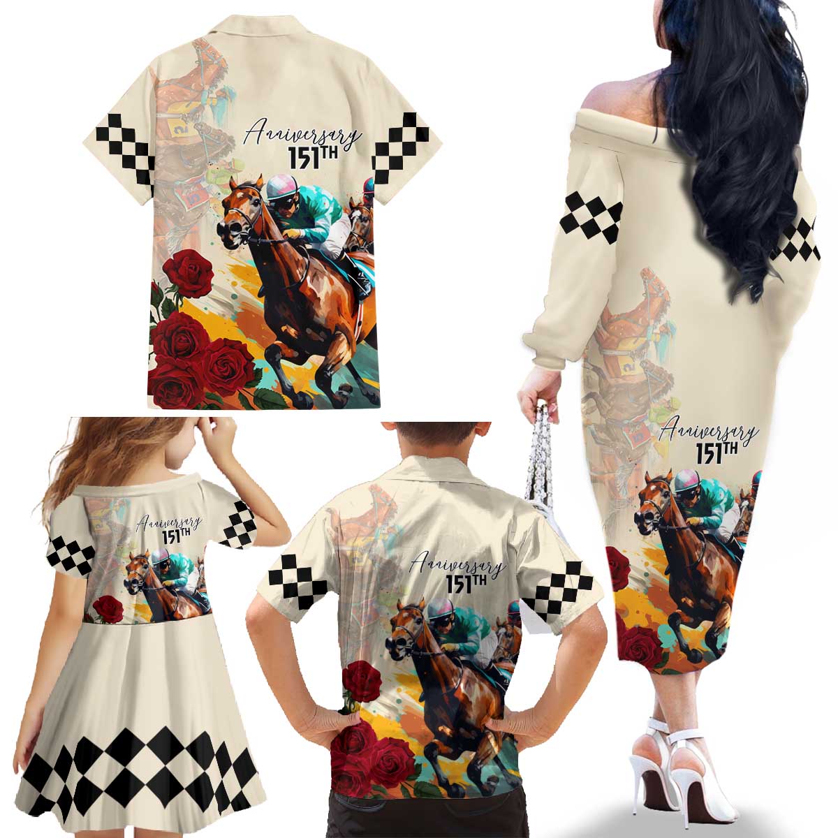 Kentucky Horse Racing 151st Anniversary Family Matching Off The Shoulder Long Sleeve Dress and Hawaiian Shirt LT03