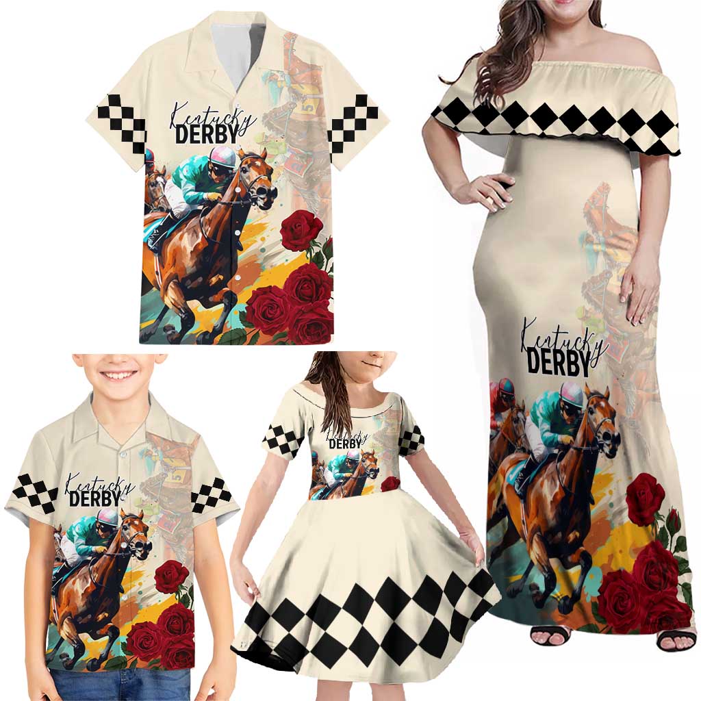 Kentucky Horse Racing 151st Anniversary Family Matching Off Shoulder Maxi Dress and Hawaiian Shirt LT03