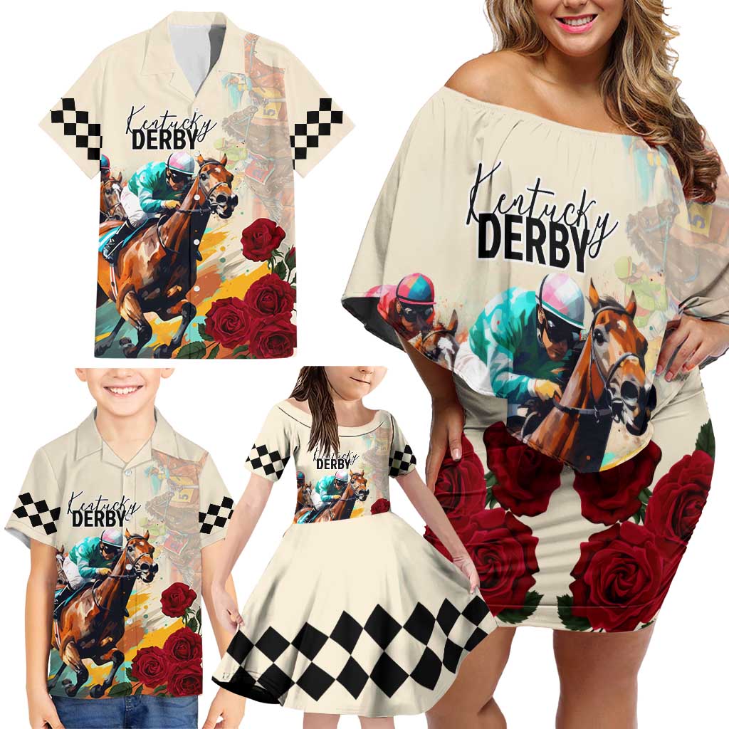 Kentucky Horse Racing 151st Anniversary Family Matching Off Shoulder Short Dress and Hawaiian Shirt LT03